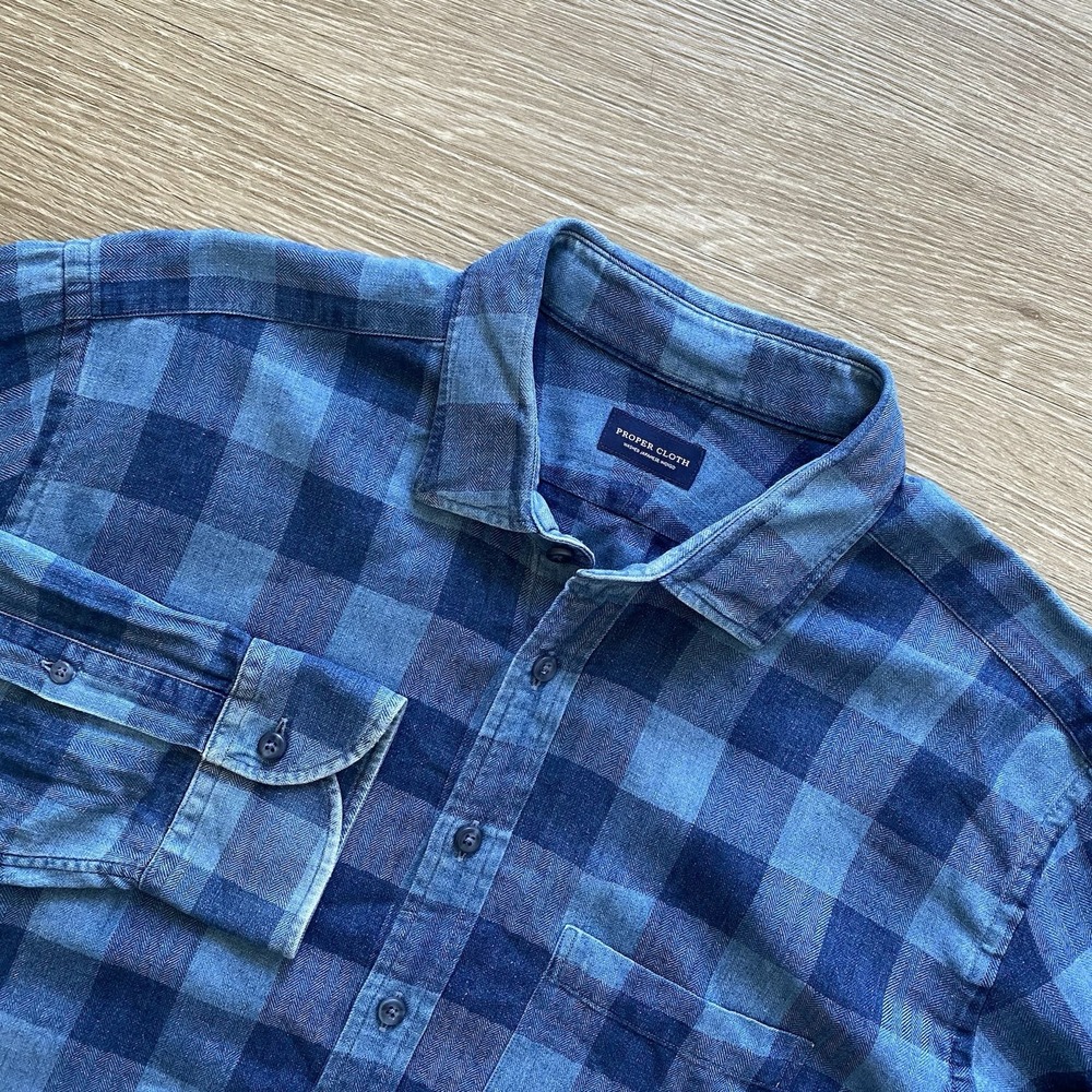Proper Cloth Linen Blend Herringbone Button Up Shirt Men's XL? Blue Indigo READ